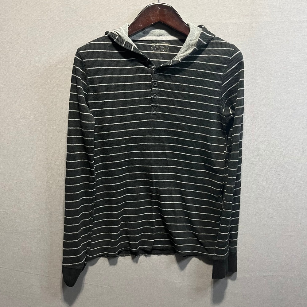 American Eagle Mens Striped Waffle Knit Henley Hoodie Black White Thermal L